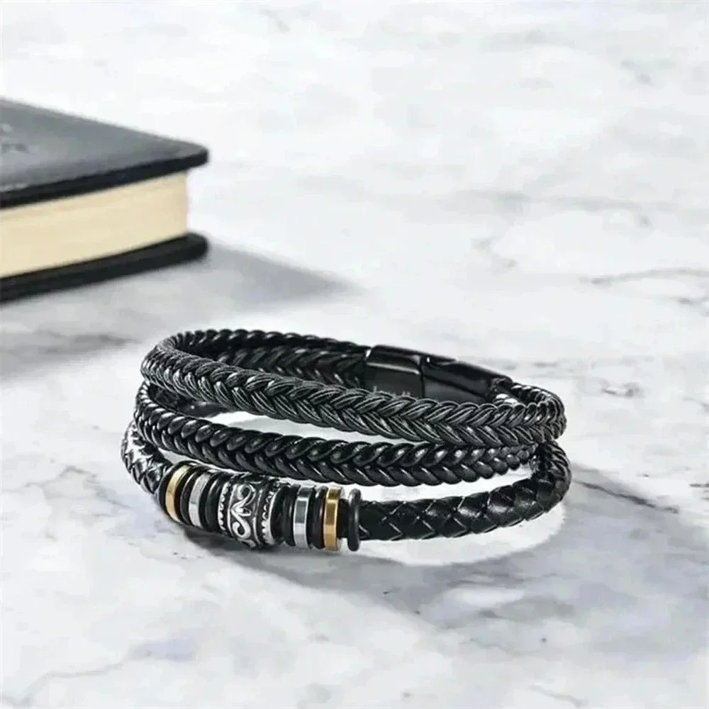 Men’s Black Leather & Stainless Steel  Bracelet - Signed “ Love you forever”